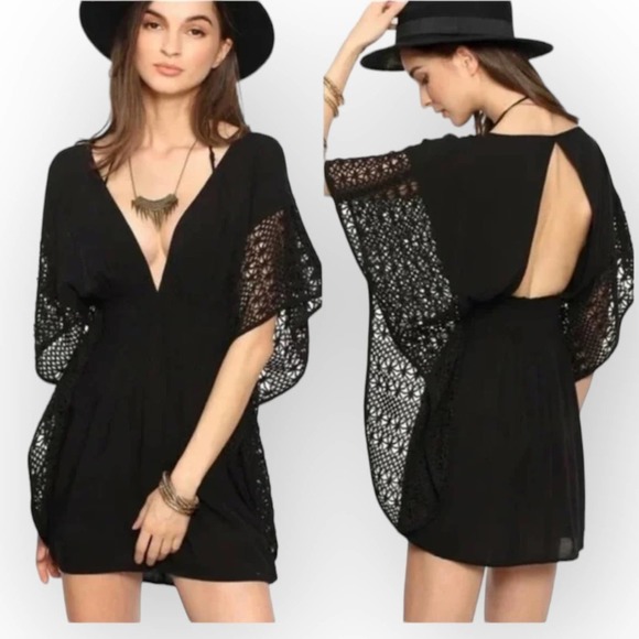 VICTORIA’S Secret Swim Cover Up Plunge Tunic Caftan Open Back Black Size M - Picture 4 of 10
